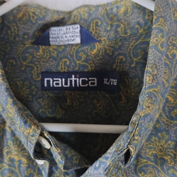 Nautica Men's Filigree Floral Long Sleeve Button-down Shirt Blue Yellow XL - Picture 2 of 6